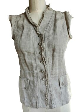 Philippe Adec Beige Linen Frayed-Edge Button Front Vest 4